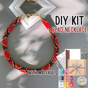 KIT to Make Bead Crochet Red black snake necklace and bracelet - necklace making Adult Craft - diy Rope Jewelry Beadweaving Crafter Gift