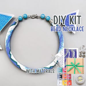 DIY KIT Sea Wave Necklace pattern, ocean Bead Crochet rope kit, craft supply diy kit, bright jewelry making, diy blue white seed bead lariat