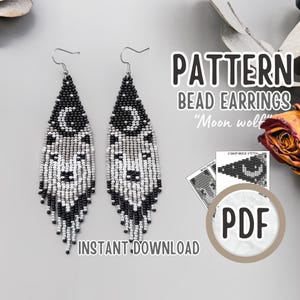 PDF Orecchini con perline e frange a forma di luna e lupo in argento nero, modello per orecchini a forma di lupo selvatico, gioielli artigianali per adulti, tutorial per punto mattoni