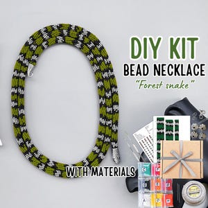 May include: DIY bead necklace kit with materials, featuring a green and black beaded necklace with silver accents. The kit includes beads, thread, and instructions. The necklace is labelled "Forest snake".