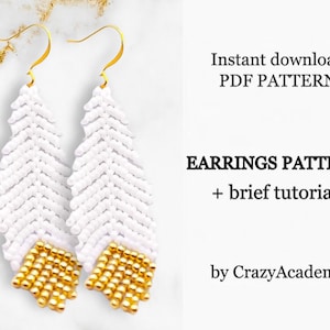以下が含まれることがあります： 羽根の形をしたビーズイヤリングのPDFパターン。イヤリングは白で、金色のアクセントが施されています。パターンには簡単なチュートリアルが含まれています。すぐにダウンロードできます。CrazyAcademyによる。