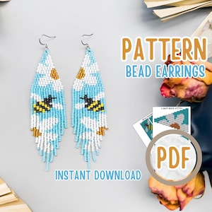 Pendientes de margarita blanca con punto de ladrillo de abeja, pendientes de flecos de abeja con cuentas de semillas, pendientes de flecos con cuentas, patrón para hacer joyas