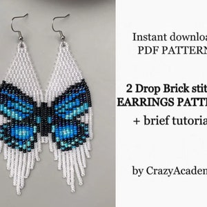 PDF blue Butterfly Fringe Beading Earrings, white Earrings with butterfly Pattern, Earrings making Craft pattern, Brick stitch tutorial