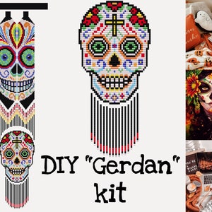 DIY-kit om een calavera (suikerschedel) te maken - Kralenketting met gerdan-kralen - Patroonhandleiding voor een Halloween-bloemenschedel - Handleiding voor het maken van een kralenweefgetouw