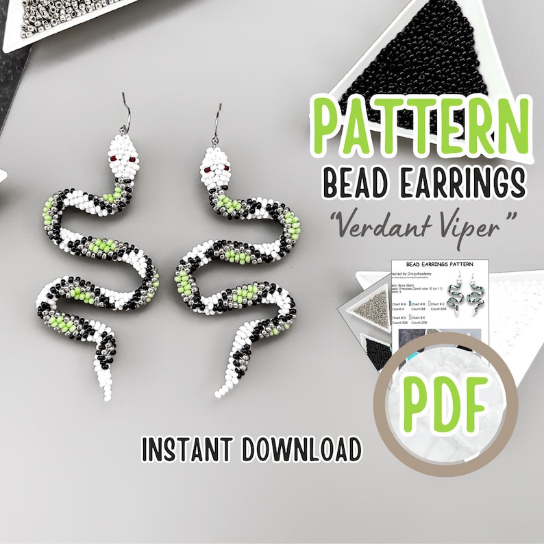 May include: A PDF pattern for bead earrings shaped like snakes, called "Verdant Viper". The earrings are white, black, and green. The pattern is available for instant download.