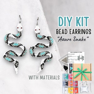 May include: DIY bead earring kit featuring a turquoise, black, and white snake design. The kit includes all the materials needed to create the earrings, including beads, thread, and earring hooks. The kit also includes a pattern to follow.