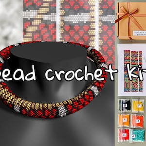 May include: A bead crochet kit with colorful beads, needles, and instructions. The kit includes a finished beaded necklace with a red, white, and black pattern.