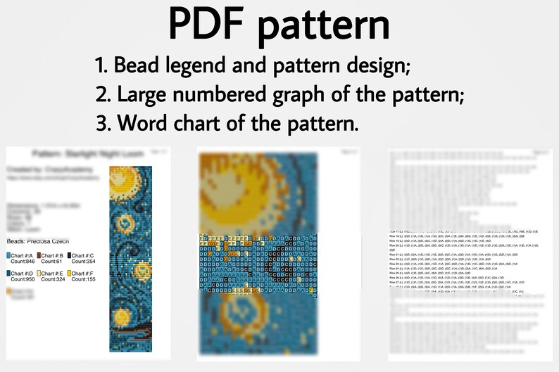 Może przedstawiać: Wz&oacute;r PDF do tworzenia koralik&oacute;w przedstawiających nocne niebo. Wz&oacute;r zawiera legendę koralik&oacute;w, numerowany wykres i tabelę słowną.