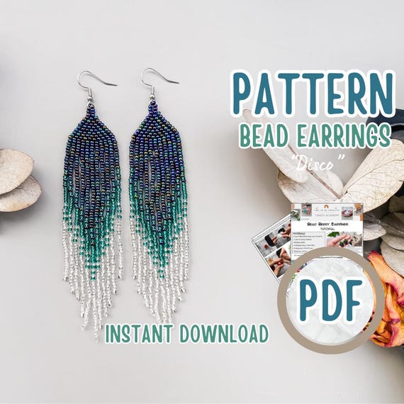 PDF Blue Disco Fringe Beading Earrings Pattern – Long Bead Earrings Tutorial – Adult Jewelry Making Craft – Brick Stitch Beading Guide