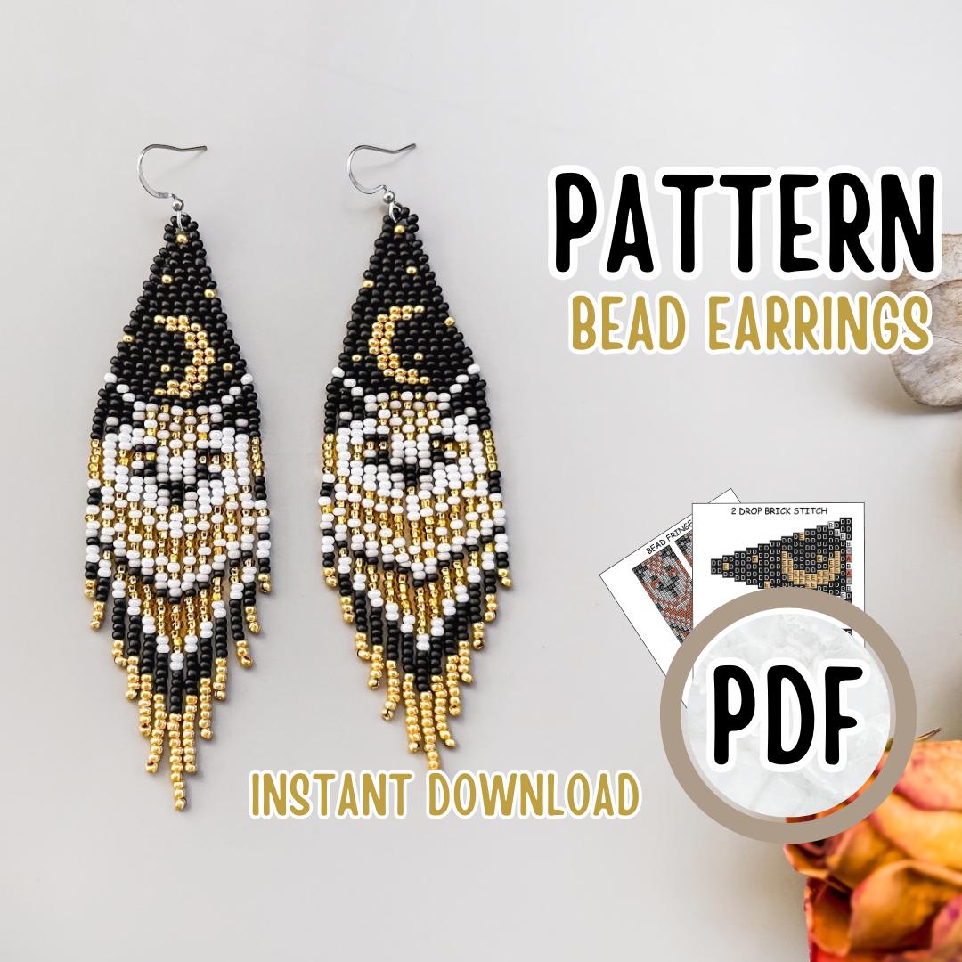 PDF Bead boho gold owl moon Fringe Beading Earrings, gold moon night beaded Earrings Pattern, Earrin