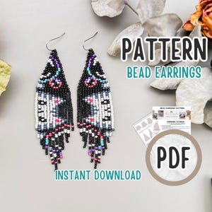 May include: Two beaded earrings with a black, white, pink, and blue design. The earrings are long and rectangular, with a fringe at the bottom. The image also includes the text "PATTERN BEAD EARRINGS" and "INSTANT DOWNLOAD". A PDF icon is also visible.