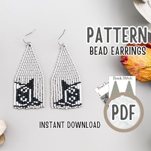 PDF kitten bead fringe Earrings pattern, gray cat Bead earring Pattern, Craft brick stitch earrings tutorial, white cat Beadwork pattern