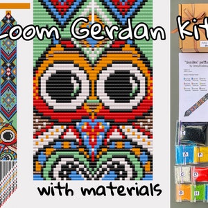 May include: A loom beading kit with all the materials needed to create a colourful owl-themed gerdan. The kit includes beads in various colours, a pattern, and needles. The finished gerdan is a long, beaded necklace with an owl design.