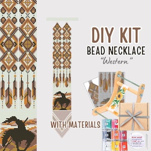 May include: DIY bead necklace kit with materials. The kit includes a wooden loom, beads in various colors, and a pattern for a Western-themed necklace with a geometric design and feathers.