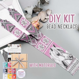 May include: DIY bead necklace kit with materials. The necklace features a geometric pattern in pink, black, and white, with a horse design. The kit includes beads, instructions, and a gift box.