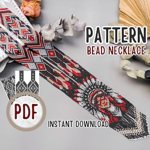 Puede incluir: Un collar largo de cuentas con un patrón geométrico en negro, blanco y rojo, con un retrato central de una persona con un tocado de plumas. La imagen incluye el texto PATTERN BEAD NECKLACE y PDF INSTANT DOWNLOAD.