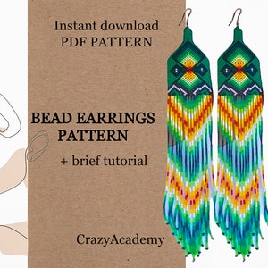 May include: A PDF pattern for beaded earrings with a green, yellow, and blue color scheme. The pattern includes a brief tutorial. "Bead Earrings Pattern" and "CrazyAcademy" are written on the image.