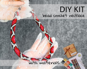 KIT to Make Bead Crochet red snake necklace and bracelet - Jewelry making KIT - Adult Craft - diy Rope Jewelry Beadweaving Crafter Gift