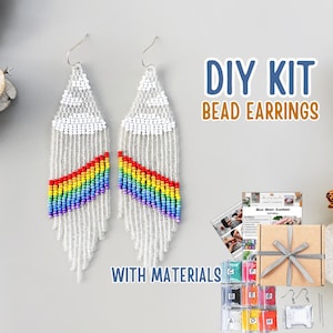 Kit fai da te per orecchini con perline e nuvole bianche, tutorial per orecchini con frange a punto mattone, kit per orecchini arcobaleno colorati