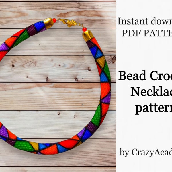 PDF stained glass Necklace pattern, Geometric Multi Color bead Crochet rope, craft supply pattern, bead crochet pattern, jewelry making idea