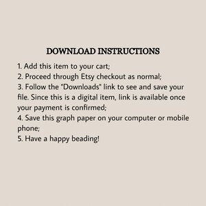 Może przedstawiać: Instrukcje pobierania dla produktu cyfrowego. Instrukcje wyjaśniają, jak dodać przedmiot do koszyka, przejść przez proces płatności na Etsy, pobrać plik i zapisać go na komputerze lub telefonie kom&oacute;rkowym. Instrukcje kończą się przyjaznym komunikatem: &bdquo;Miłego beadingu!"