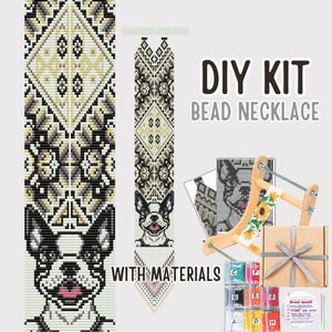 May include: DIY bead necklace kit with a black, white, and tan beaded dog design. The kit includes beads, a wooden loom, and a gift box. The text "DIY KIT BEAD NECKLACE WITH MATERIALS" is visible.
