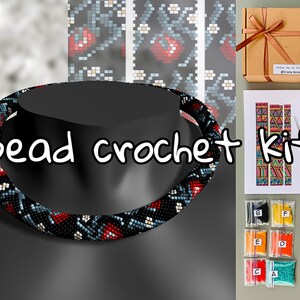 KIT to Make Bead Crochet Red Strawberry necklace bracelet, black necklace making Adult Craft, diy Rope Jewelry Beadweaving Crafter Gift