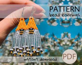 PDF pattern of Honey Boho bee Earrings, Bee Bead Fringe earrings pattern, Spring Bees bead tutorial, beadwork Native Brick stitch Earring