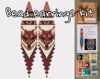 Kit DIY para brincos étnicos boho com franjas e miçangas em formato de raposa, padrão para brincos de raposa com miçangas, artesanato para fazer brincos de raposa, tutorial de ponto tijolo