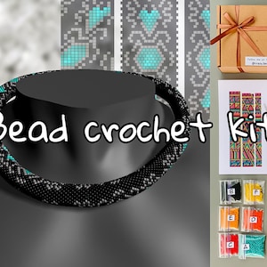 May include: A bead crochet kit with black, grey, and turquoise beads. The kit includes a pattern, beads, needles, and clasps. Follow me on Instagram @crazy_beader.