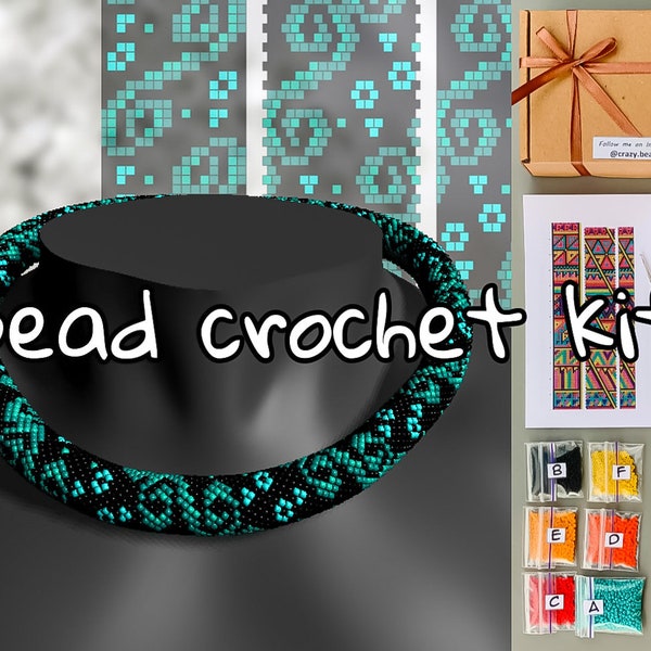 DIY Black Bead Crochet necklace with turquoise whorls kit, How to make seed bead necklace, Single Crochet beadweaving, beadwork pattern