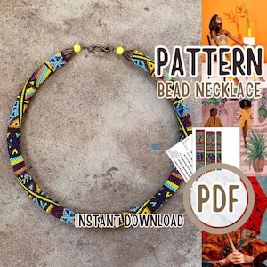 Könnte beinhalten: Ein farbenfrohes Perlenkettenmuster im PDF-Format. Das Muster zeigt ein geometrisches Design mit blauen, gelben, braunen und violetten Perlen. Der Text "PATTERN BEAD NECKLACE" und "INSTANT DOWNLOAD" ist sichtbar.