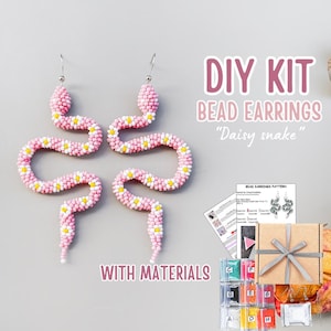 DIY spring Daisy Snake Beading Earrings, Boho flower Snake Earrings tutorial, white pink reptile skin Earrings kit, python Jewelry making