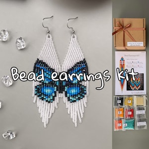 DIY Kit blue Butterfly Fringe Beading Earrings - white Earrings with butterfly Pattern - Earrings making Craft - Brick stitch tutorial
