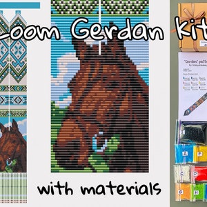 May include: A loom beading kit with materials to make a horse-themed gerdan, a type of traditional Ukrainian beaded necklace. The kit includes a pattern, beads in various colors, and thread. The image also shows a completed gerdan with a horse design.