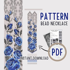 May include: A digital pattern for a beaded necklace featuring a design of blue roses and gray leaves on a white background. The pattern is available as an instant download in PDF format. The text "Gerdan pattern by Crazyńcademy" is visible in the image.