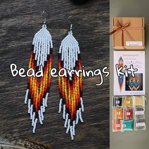 DIY Kit to make Indian Style Fringe Beading Earrings - Long Earrings Pattern - Jewelry make Adult Craft - Bead Brick stitch tutorial kit