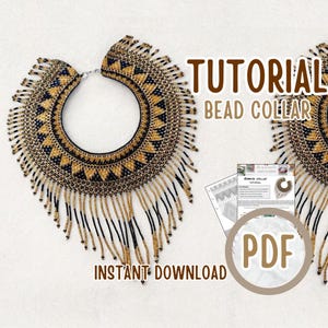 Puede incluir: Un collar de cuentas con un diseño geométrico en dorado y negro, con largas franjas. El texto "TUTORIAL BEAD COLLAR" y "INSTANT DOWNLOAD" son visibles. También hay un icono PDF.