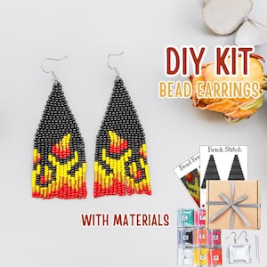 DIY Kit Fire bead fringe Earrings pattern - Fire Bead earring Pattern - Craft brick stitch earring tutorial - black red Beadwork pattern