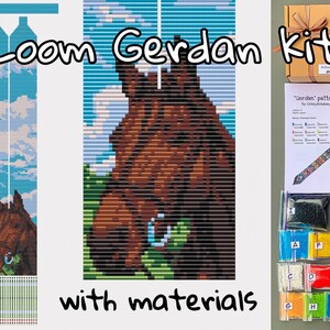 May include: A loom beading kit with materials to create a horse-themed gerdan, a type of beaded necklace. The kit includes a pattern, beads in various colors, and a needle. The finished gerdan features a brown horse with a blue halter against a blue sky background.