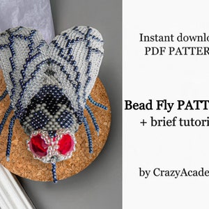 May include: A beaded fly pattern with a brief tutorial. The fly is made with gray, black, and blue beads and has red eyes. The pattern is available for instant download as a PDF.