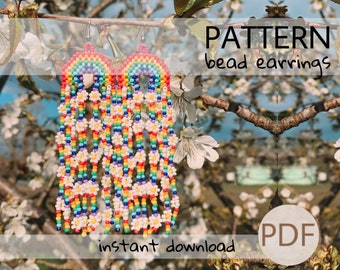 PDF rainbow white Boho Daisy Fringe Beading Earrings pattern, Boho hippie flower Earrings making Craft Pattern, Brick stitch tutorial