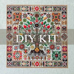May include: A cross-stitch DIY kit featuring a detailed tree design with red, green, and brown elements. The tree is centered, surrounded by a decorative border with geometric patterns. The words "embroidery DIY KIT" are displayed.
