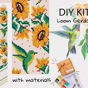 May include: DIY kit for making a beaded necklace with a hummingbird and sunflower design. The kit includes beads, thread, and instructions. The image shows a close-up of the finished necklace, a hummingbird, and a box of supplies.