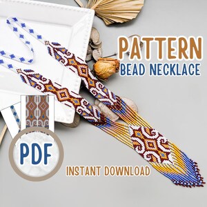 Puede incluir: Un patrón de collar de cuentas con un diseño geométrico en blanco, burdeos, amarillo y azul. La imagen incluye el texto "PATTERN BEAD NECKLACE" y "PDF INSTANT DOWNLOAD". El collar se muestra en un plato blanco.