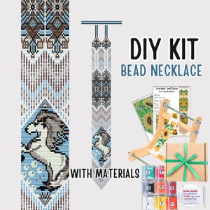 May include: DIY bead necklace kit with materials. The kit includes a pattern, beads, and a bead loom. The necklace features a white horse design with blue and brown accents.