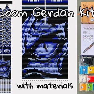 May include: A loom beading kit with materials to make a blue and white beaded necklace with a wolf eye design. The kit includes beads, thread, and instructions. The pattern is called "Gerdan" by CrazyBeads.