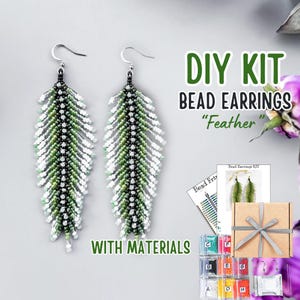 May include: DIY kit for making beaded feather earrings. The kit includes all the materials needed, including beads, thread, and earring hooks. The finished earrings are green, white, and black.