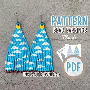 PDF Celestial Clouds Earrings pattern, Blue Sky Dangles Earrings craft begginer tutorial, White clouds Beading Earrings pattern + tutorial