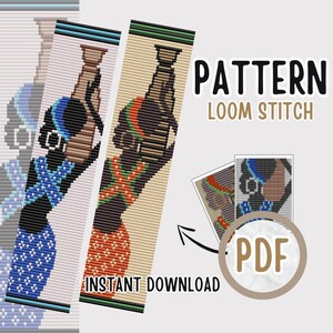 Könnte beinhalten: Ein digitales PDF-Webstichmuster mit einer Frau, die eine Wasserkanne trägt. Das Design ist in Braun-, Blau- und Orangetönen gehalten. Die Wörter "PATTERN", "LOOM STITCH" und "INSTANT DOWNLOAD" sind sichtbar.